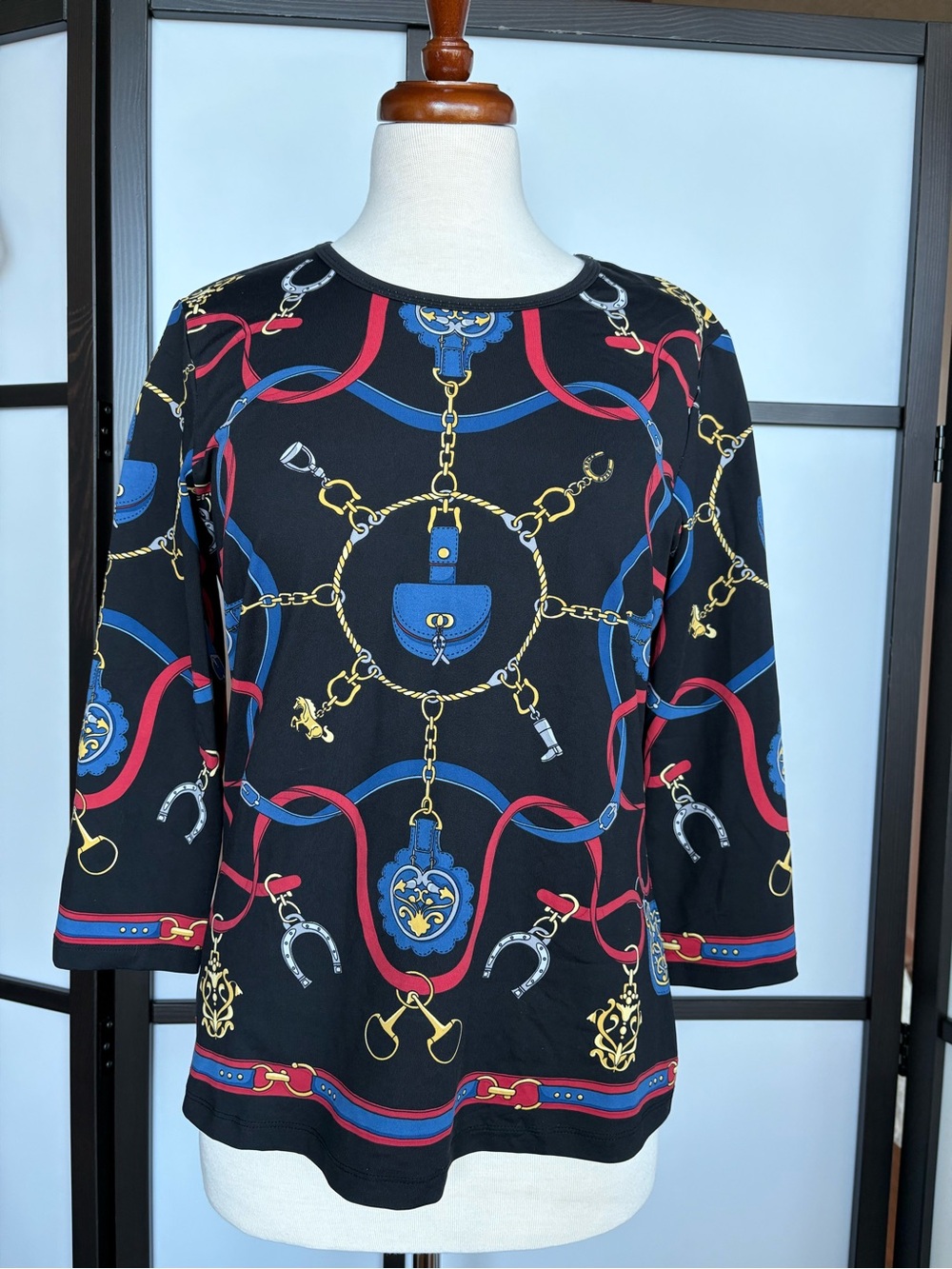 J.McLaughlin Equestrian Chain Print Long Sleeve Top Size L